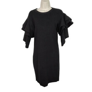 Hyfve Black Sweater Dress Bodycon Sheath Women Size L Ribbed Knit Flutter Sleeve
